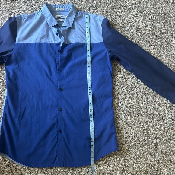 Calvin Klein Men’s Tri-Colored Blue Button Up Retro Body Fit Cotton Shirt Medium - Picture 4 of 7